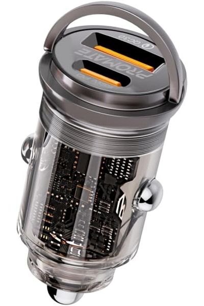 Promate 65W Car Charger, USB-C PD, USB-A, Mini Handle, Heat Protection, for iPhone 15, Galaxy S23