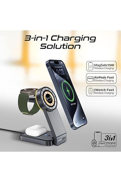 Promate 3-in-1 Charging Station, 15W MagSafe, 3W Smartwatch, 5W AirPods, Night Light, TransFold