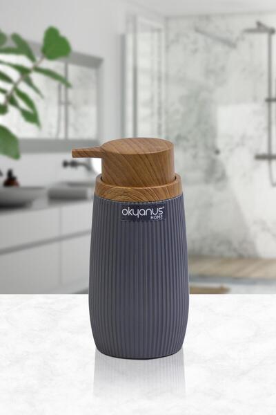 Okyanus Home Wooden Striped Anthracite Liquid Soap Dispenser