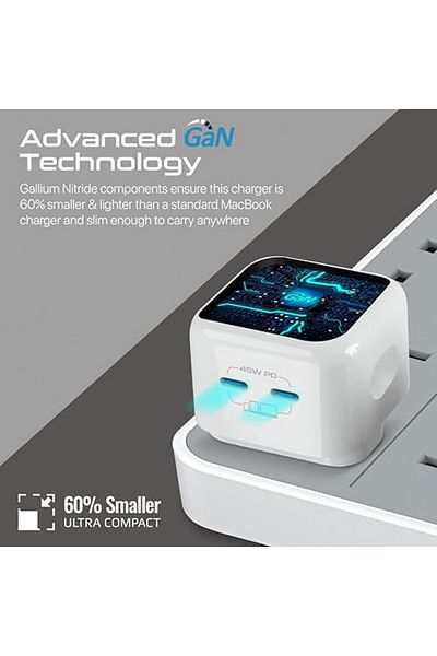 Promate شاحن iPhone 15 GaN USB-C، 45 وات PD، منفذين من النوع C، شحن ذكي، GaNPort2-45PD