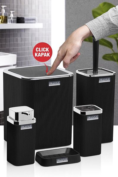 Okyanus Home Σετ μπάνιου Stella Black Chrome ριγέ τετράγωνο 5 τεμαχίων