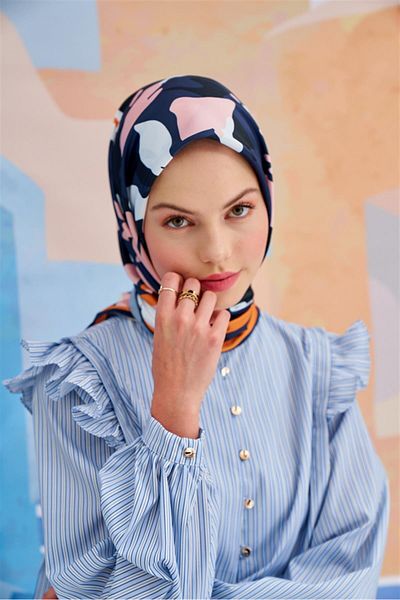 carell Twill Scarf Mini Flowers Pattern Navy Blue