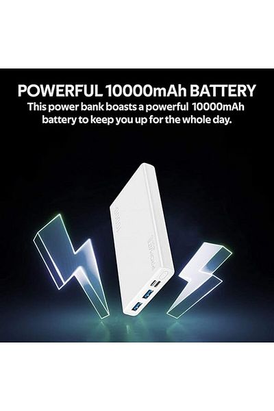Promate شاحن محمول بسعة 10000 مللي أمبير في الساعة، منفذ USB مزدوج، 2.0 أمبير، USB-C، حماية من الشحن الزائد، Bolt-10 (أبيض)