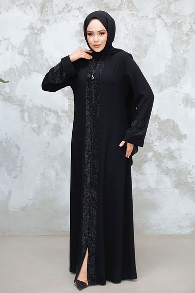 Neva Style Patterned Striped Black Hijab Abaya (Model 18004S)