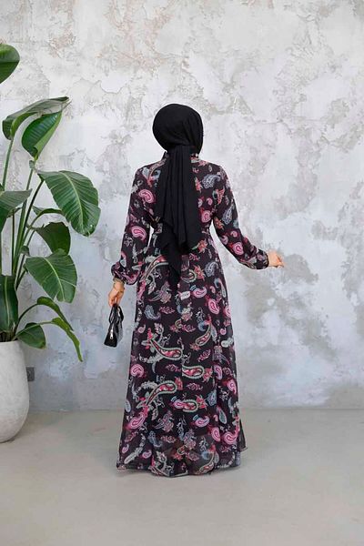 Neva Style Floral Print Black Fuchsia Hijab Dress 52681Sf
