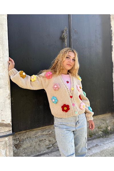 EMAKROME Cardigan de damă cu flori tricotat manual
