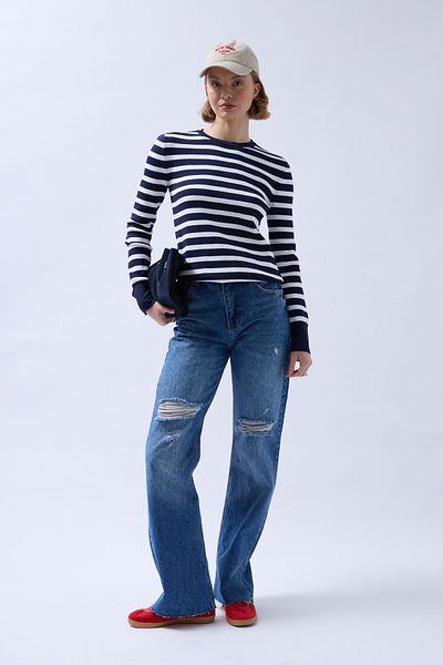 Black Fashion Crew Neck Striped White-Navy Blue Blouse
