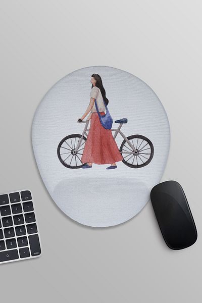 qoeuyl boutique Εικονογράφηση κοριτσιού με ποδήλατο τυπωμένο οβάλ ποντίκι με υποστήριξη καρπού