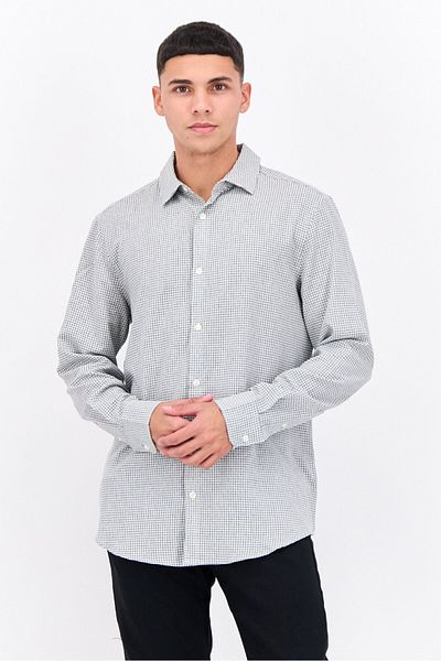 Perry Ellis Men Stretch Fit Gingham Long Sleeves Casual Shirt, White
