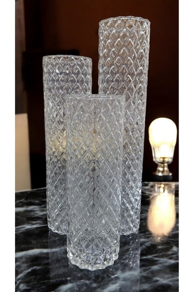 Paşa Cam Purely Handcrafted Crystal Patterned Glass Vase Set of 3 (7 Diameter-20-25-30 Length) Carnation Rose Vase