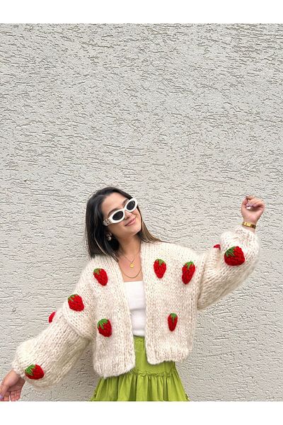 mihal boutique White Strawberry Motif Cardigan