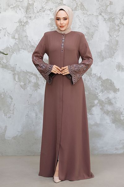 Neva Style Dusty Rose 98221Gk Patterned Turkey Representative Embroidery Abaya
