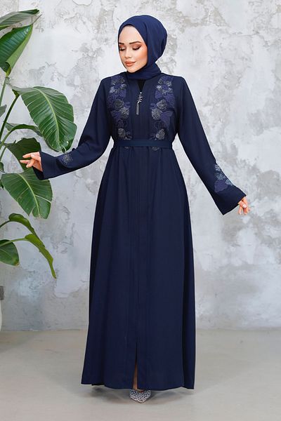 Neva Style Embroidered Navy Blue Hijab Ferace 29124L
