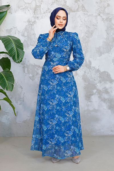 Neva Style Rochie Hijab Albastru Petrol cu ​​Model Floral 50812PM