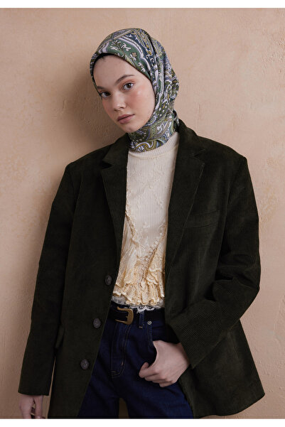 Fresh وشاح حريري منسوج بنمط الأزهار العرقية باللون الأخضر