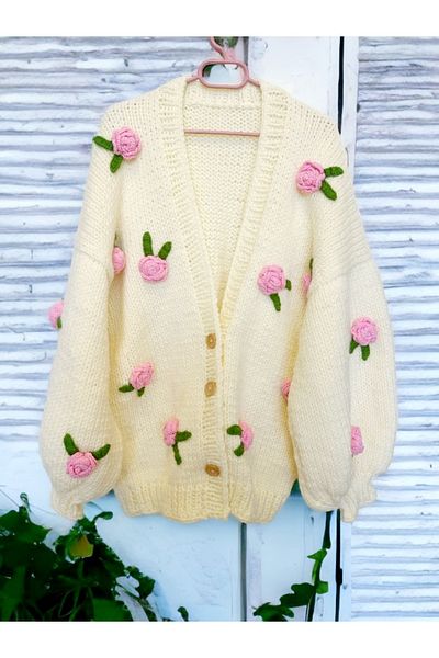 Alpiu Hand Knitted Pink Rose Embroidered Women's Cardigan