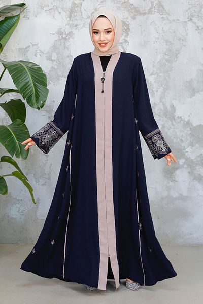 Neva Style Navy Blue Zippered Hijab Abaya 41568
