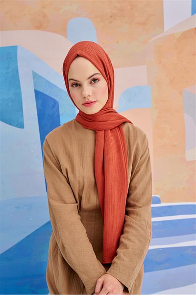 carell Brick Colored Lien Knitted Shawl