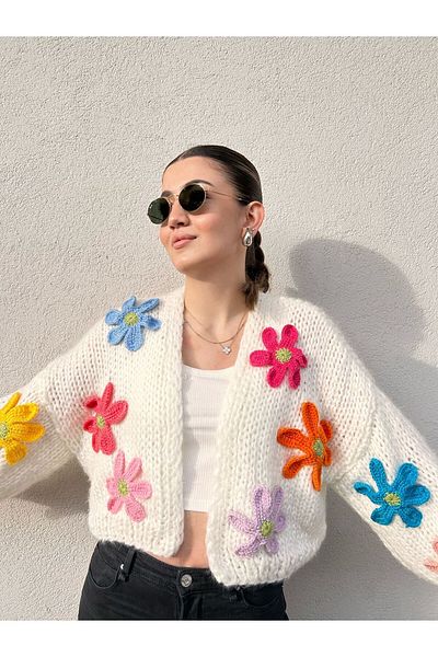 mihal boutique Women's White Colored Floral Cardigan