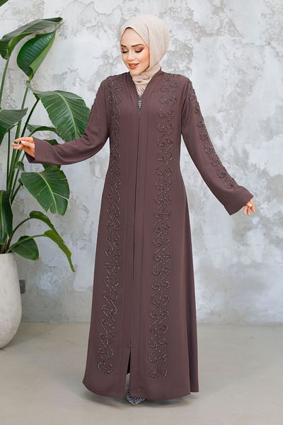 Neva Style Beaded Brown Hijab Ferace 29123Kh