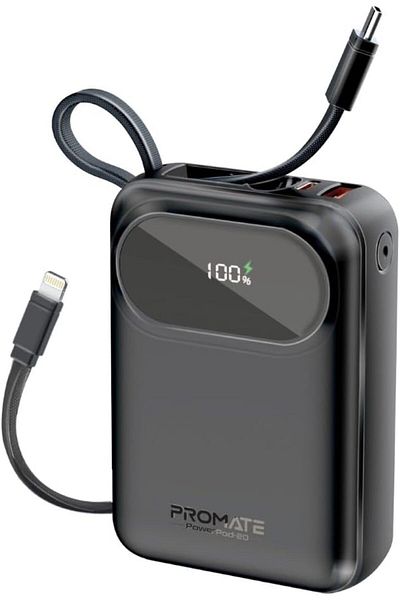 Promate 20000mAh Power Bank, 27W Lightning, 35W USB-C, 22.5W USB-A QC 3.0, POWERPOD-20 (Black)