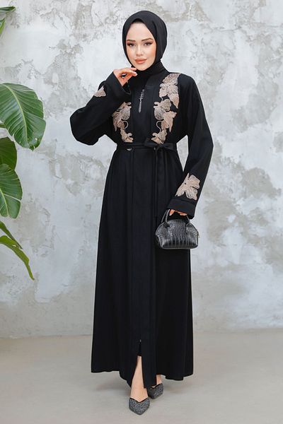 Neva Style Embroidered Black Beige Hijab Ferace 29124Sbej