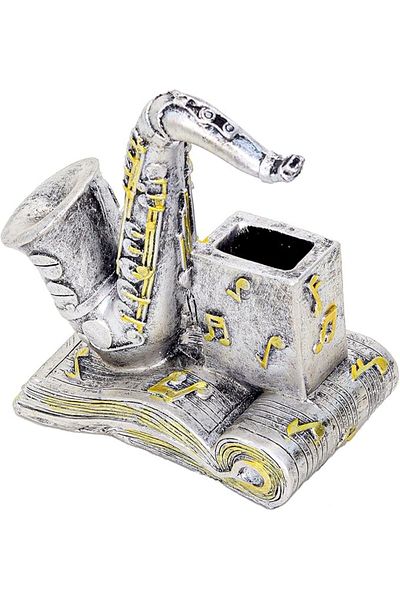Winds Trading Polyresin Saxophone Music Décor 7.5", Resin Pen Holder, Silver, for Desk, Office, Home Decoration.
