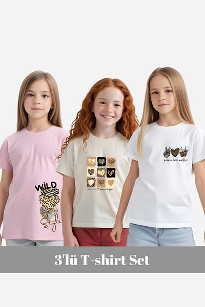 FYK KİDS Girl's 3-Piece - Wild-Love-Coffee Printed Tee