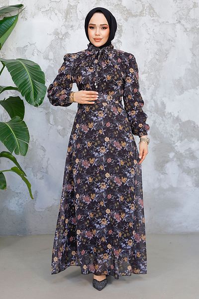 Neva Style Rochie neagră cu hijab cu modele florale 50812S