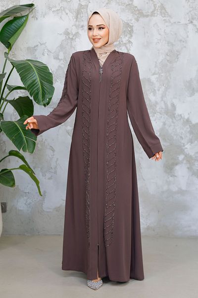 Neva Style Bead Embroidered Brown Hijab Ferace 29122Kh