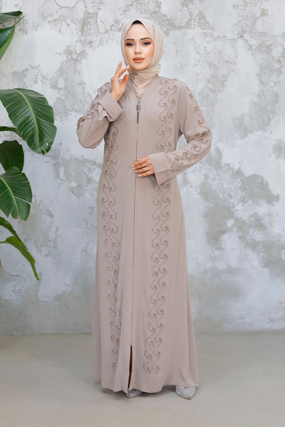 Neva Style Beige Hijab Ferace 29123Bej Bead Embroidered
