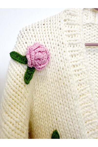 Alpiu El Örgüsü Pembe Gül İşlemeli Kadın Hırka