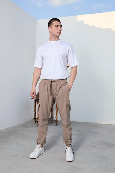 Pobudo Beige Baggy Style Parachute Fabric Men's Trousers