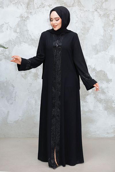 Neva Style Patterned Striped Black Hijab Abaya (Model 18004S)