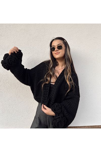 mihal boutique Cardigan de damă cu detaliu trandafir negru