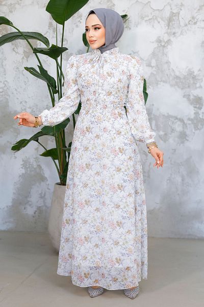 Neva Style Rochie Hijab alb muștar cu imprimeu floral 50812BHR
