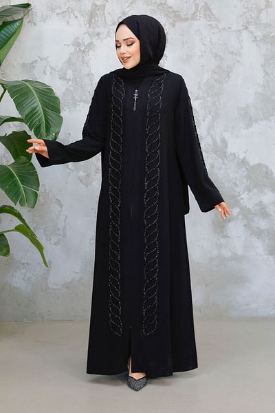 Neva Style Χάντρες Κεντημένο Μαύρο Hijab Ferace 29122S