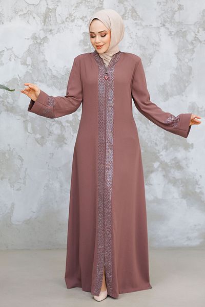 Neva Style Patterned Striped Dusty Rose Hijab Abaya 18004Gk