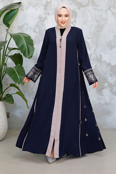 Neva Style Navy Blue Zippered Hijab Abaya 41568