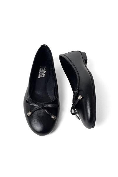 RABU Siyah Kadın Hakiki Deri Rahat Kalıp Fiyonk Detaylı Günlük Klasik Babet