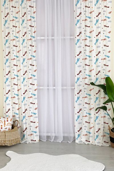 Lolla Evmila Airplane Patterned Printed Children's Room Patterned Background Curtain