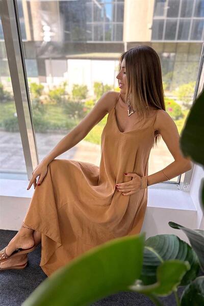 Maldia Shop Γυναικείο φόρεμα Camel με ρυθμιζόμενο λουράκι από ύφασμα Modal