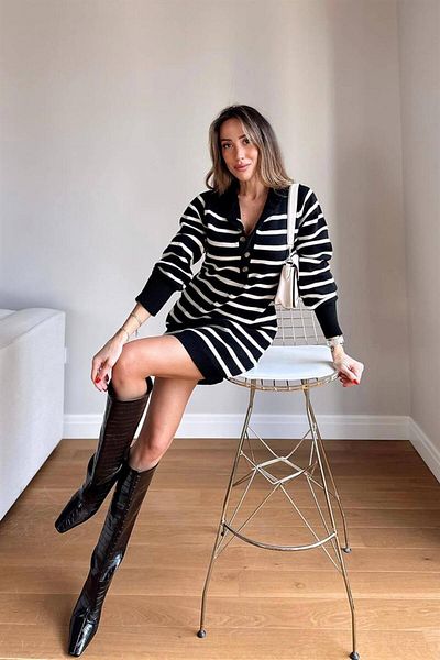 Maldia Shop Rochie de damă, cu detaliu cu nasturi, cu textura moale, cu dungi, crem, neagră