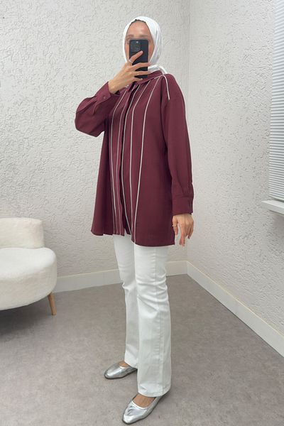 Salih Çelebi Cămașă Hijab cu interblocuri 2219 - Roșu Claret