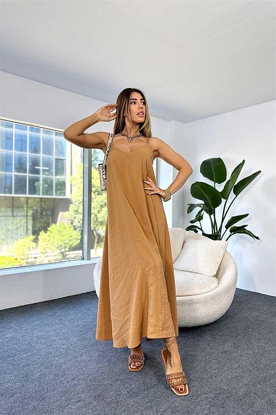 Maldia Shop Γυναικείο φόρεμα Camel με ρυθμιζόμενο λουράκι από ύφασμα Modal