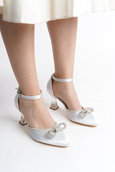 Limeo Transparent High Heeled Women's Evening Dress Shoes with Ankle Buckle Satin Bow Stripe