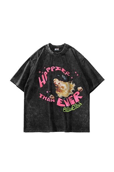 Bak Moda Srećniji nego ikada Štampano Oversize kroj Unisex periva crna majica