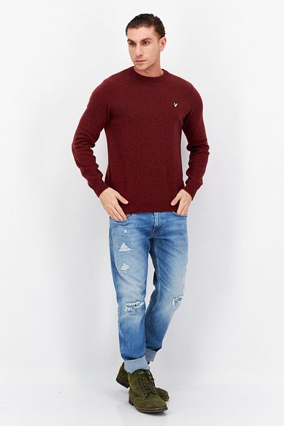 Lyle & Scott Men Crew Neck Brand Logo Knitted Sweater, Burgundy