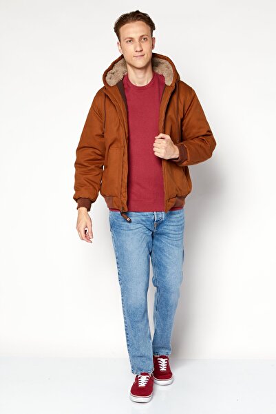 Canada Work Gear Men Faux Fur Hooded Embroidered Logo Long Sleeve Jacket, Brown