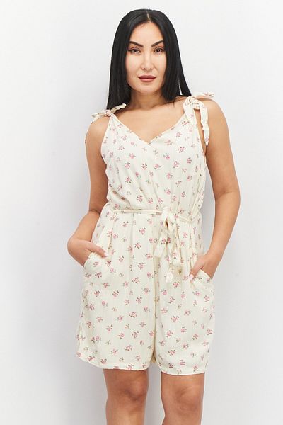 PIECES Women Floral Print Tie Sleeve Playsuit, Cream